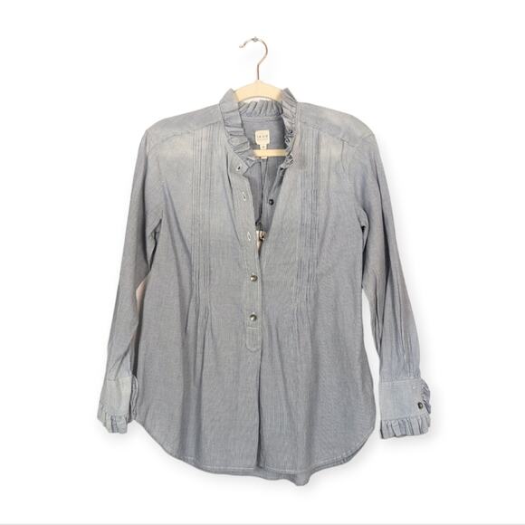 NWT La Vie Rebecca Taylor Blue White Stripe Ruffle Trim Button Front Top Size XS - Picture 1 of 10